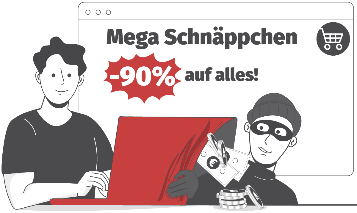 Ein Mann shoppt am Computer während ein Dieb Geld von ihm klaut.