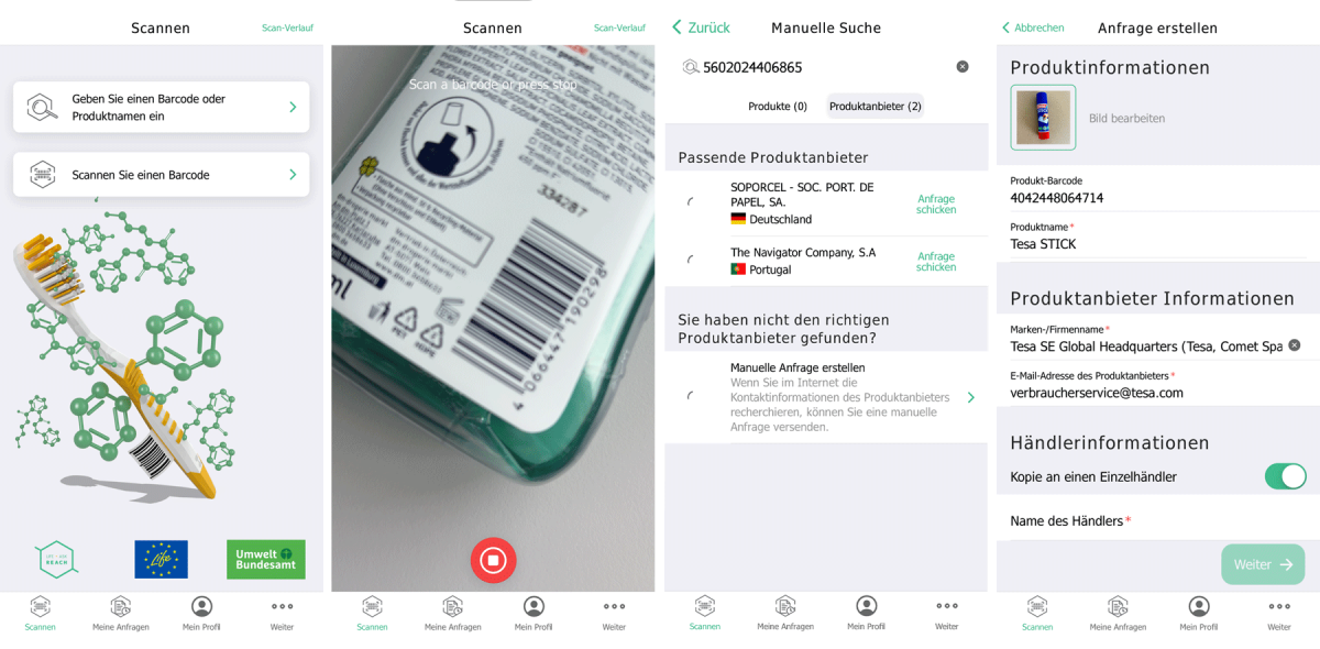 Screenshots verschiedener Funktionen der App "Scan4Chem"