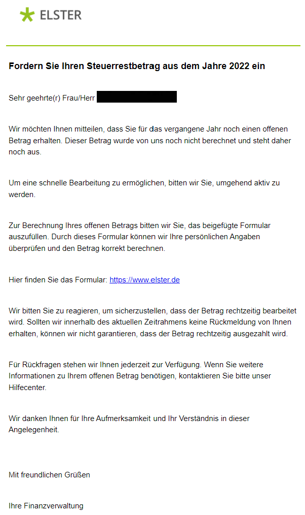 Screenshot einer Phishing-Mail, die angeblich vom deutschen Steuerportal "Elster" stammt.