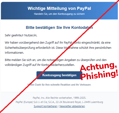 Screenshot einer Mail von "PayPal" und dem Text:"Wichtige Mitteilung von PayPal Handeln Sie, um den Kontozugang zu sichern  Bitte bestätigen Sie Ihre Kontodaten Sehr geehrte/r Nutzer/in,  Wir haben vorübergehend den Zugriff auf Ihr PayPal-Konto eingeschränkt, da eine Sicherheitsüberprüfung erforderlich ist. Diese Maßnahme schützt Ihre persönlichen Informationen.  Bitte melden Sie sich an, um die notwendigen Angaben zu überprüfen und den vollständigen Zugriff auf Ihr Konto wiederherzustellen.  Kontozugang bestätigen Vielen Dank für Ihre schnelle Reaktion und Ihr Vertrauen. PayPal, Inc. Alle Rechte vorbehalten, 1999–2025.  PayPal (Europe) S.à r.l. et Cie, S.C.A., 22-24 Boulevard Royal, L-2449 Luxemburg  Support kontaktieren | Newsletter abbestellen".