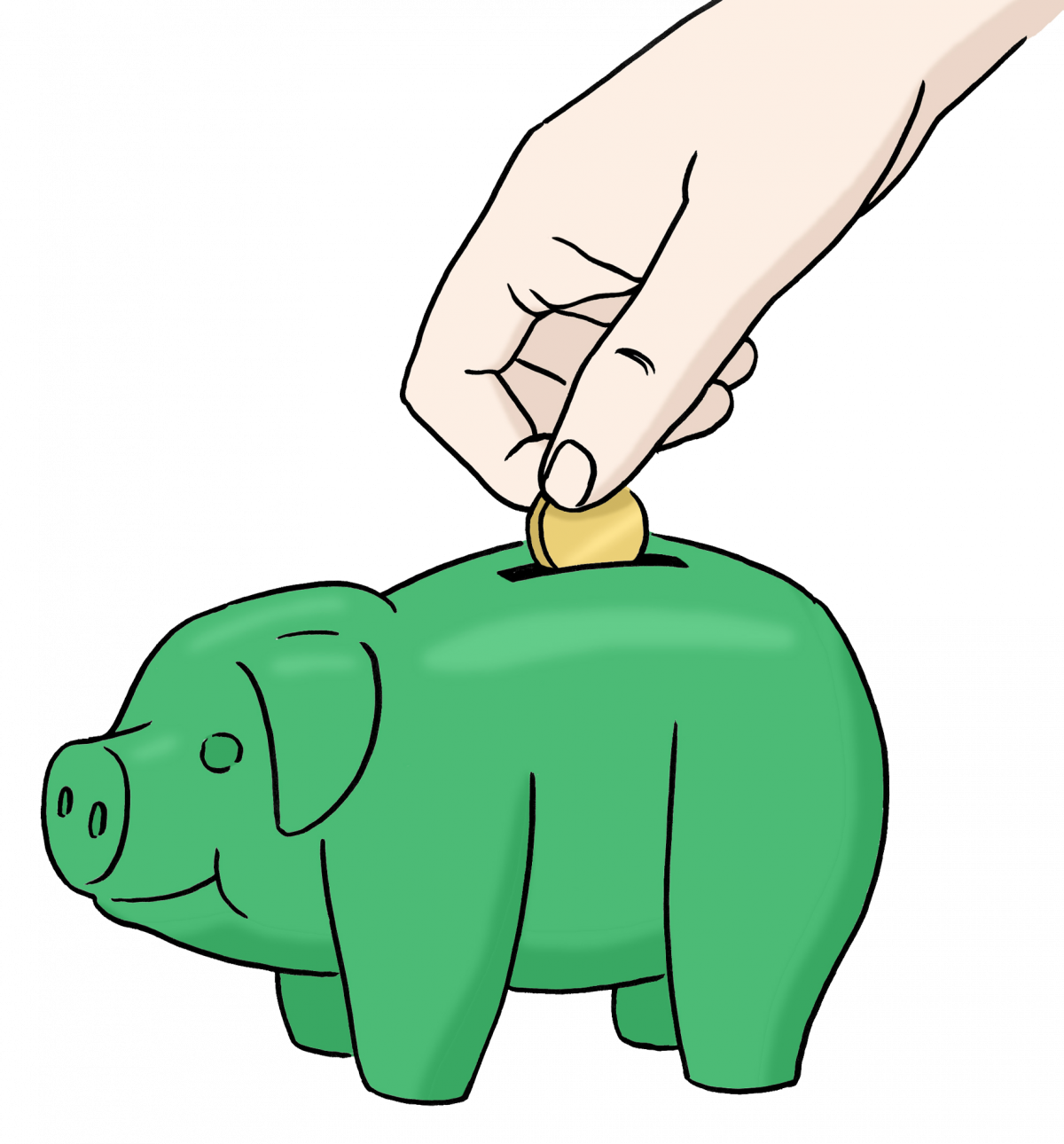 Zeichnung eines grünen Sparscheins, in das gerade eine Münze gesteckt wird.