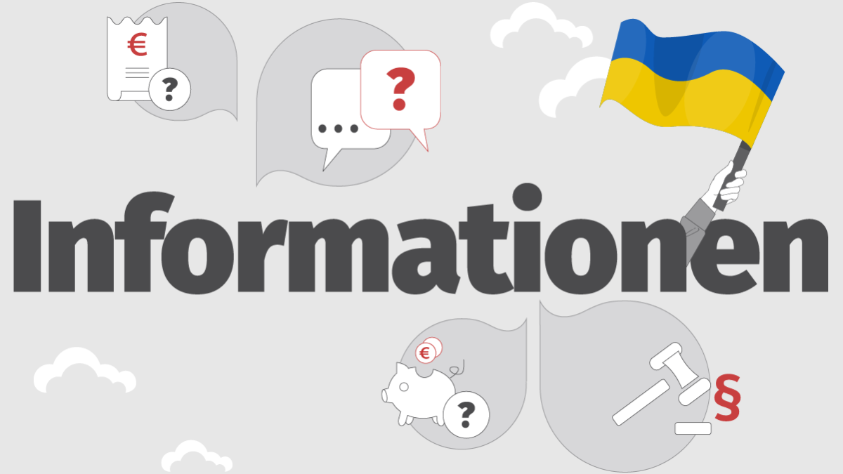 Das Wort Informationen neben einer Ukrainischen Flagge und Symbolen für Verträge, Geld und weitere Themengebiete