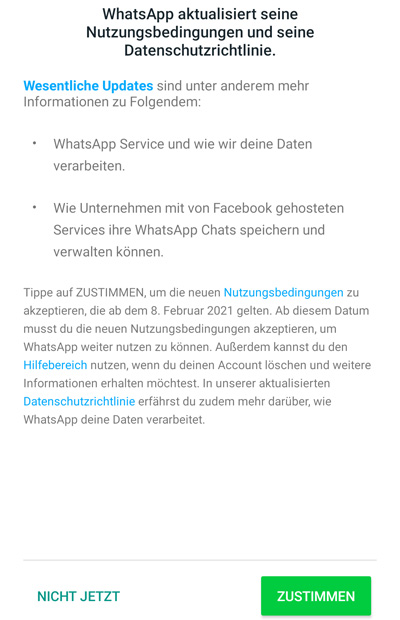 Screenshot WhatsApp-Hinweis auf geänderte Nutzungsbedingungen mit Buttons "Nicht jetzt" und "Zustimmen"