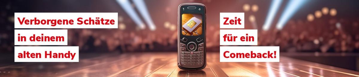 Banner für die Deutschen Aktionstage Nachhaltigkeit. Abgebildet ist folgender Text: "Verborgene Scätze in deinem alten Handy. Zeit für ein Comeback!"