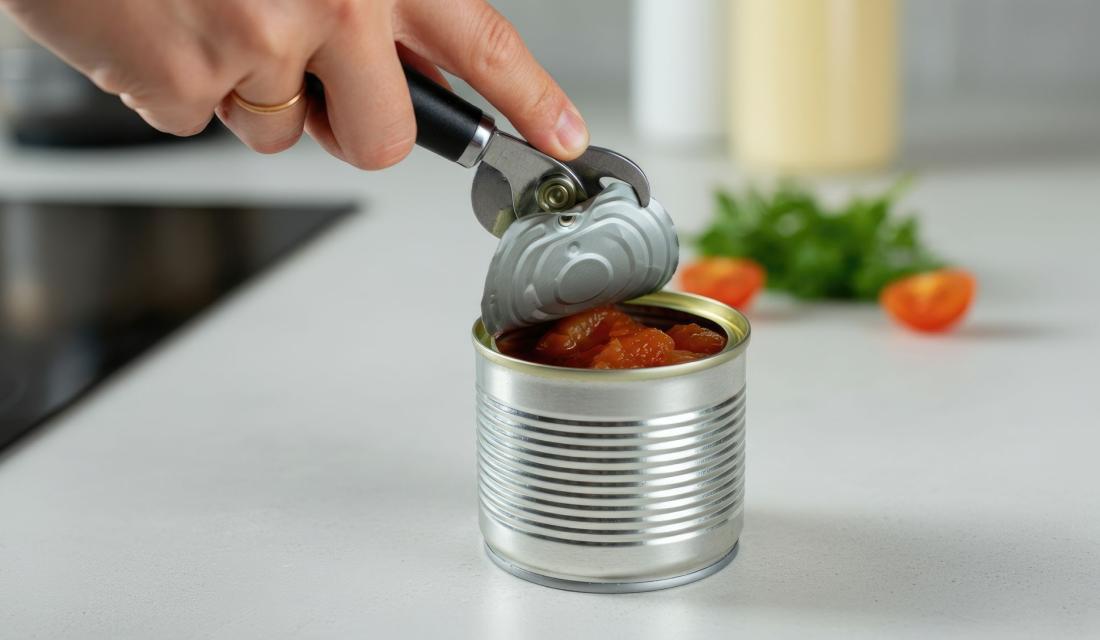 Eine Hand mit Dosenöffner über einer geöffneten Konservendose