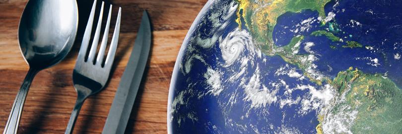 Ein Teller mit dem Planet-Bild auf dem Tisch mit Löffel, Gabel und Messer