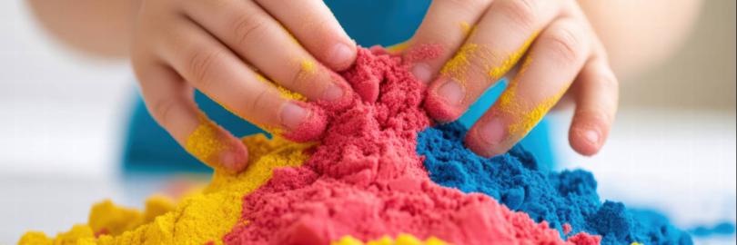 Kinderhände spielen mit buntem Sand
