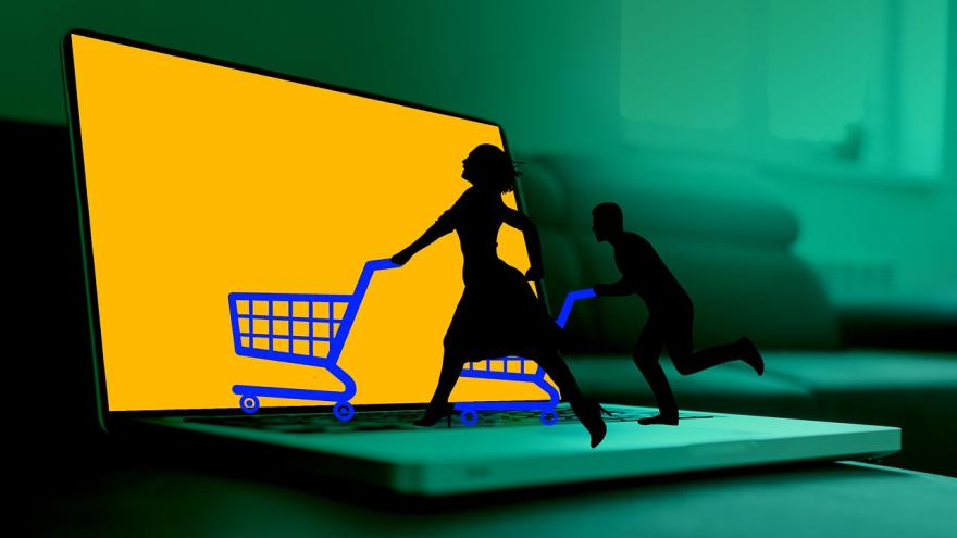 Laptop Menschen mit Einkaufswagen