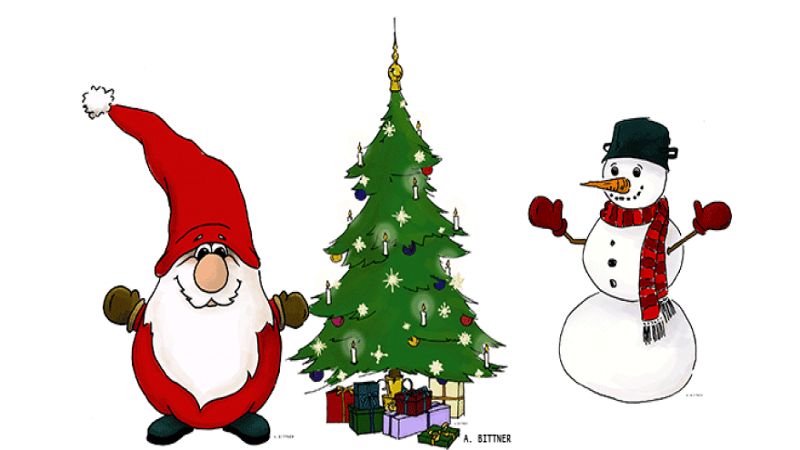 Wichtel und Schneemann, die Protagonisten der Smartphone-Rallye, mit einem geschmückten Weihnachtsbaum 