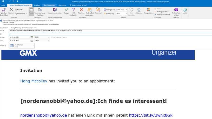 Fake Outlook Einladung Phishing