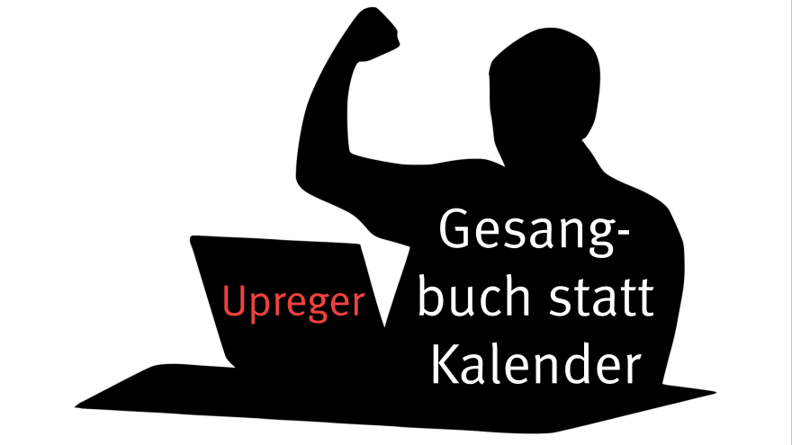 Man regt sich auf vor Laptop: Gesangbuch statt Kalender