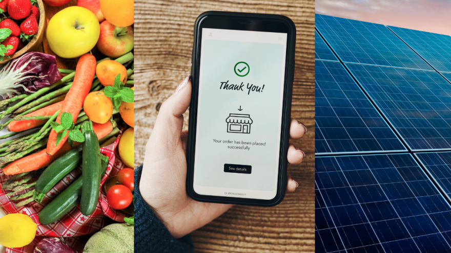 Gemüse und Obst, Online-Shopping mit dem Handy, installierte Photovoltaikanlage