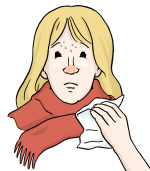 Zeichnung: Frauenkopf mit Schal, roter Nase und einem Taschentuch in der Hand.