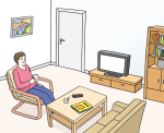 Grafik Mensch sitzt in Wohnzimmer und streamt etwas auf seinem Fernseher