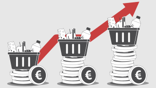 Grafik mit Einkaufskörben zeigt steigende Lebensmittelkosten