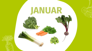 Schrift "Januar" und Fotos einiger Gemüsesorten
