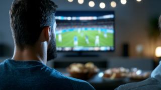 Fußballfan schaut ein Spiel im Fernsehen