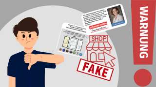 Grafik: Ein Comic-Mensch zeigt mit dem Daumen nach unten. Daneben sind Screenshots von einer Website, ein Shop-Icon und der Schriftzug "Fake". Daneben befindet sich ein großes Ausrufezeichen, in dem "Warnung" steht.