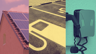 Das Bild ist in drei Spalten geteilt: eine PV-Anlage im Rotstich, ein Ladesymbol im Gelbstich und eine Wallbox an einer Wand im Grünstich